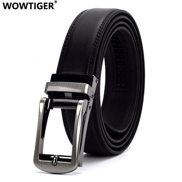 Wowtiger Ratchet de alta qualidade fivela automática Black Genuine Real Cow Leather Belts For Men Strap masculino Lidção de Cinturão 3,0 cm 240415