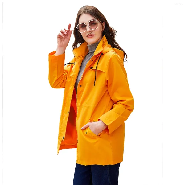 Camas de camisetas femininas estilo Windbreaker de tamanho europeu médio e longo jaqueta com capuz de cardigã ao ar livre