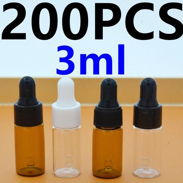 Depolama Şişeleri 200pcs 3ml Amber/Berrak Cam Damlalı Mini Esansiyel Yağlar Şişe Şişe Örnek Kozmetik Parfüm Seyahati