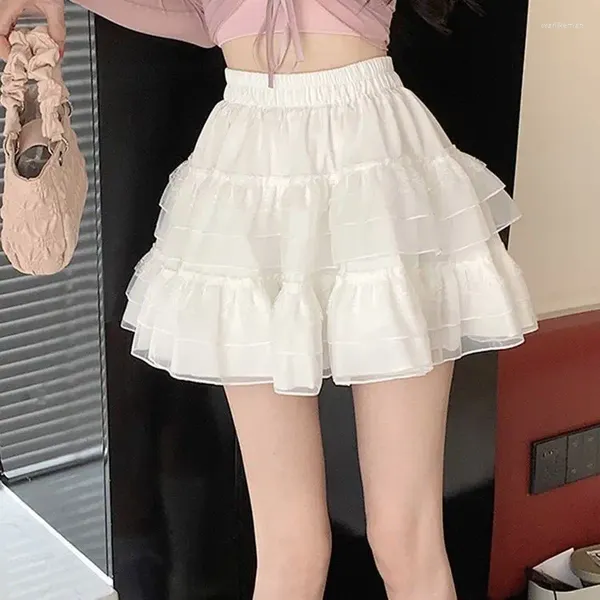 Юбка уличная одежда 2024 Женская сладкая каваи высокая талия кружевная юбка летняя корейская мода с твердым цветом платье для мяча L346