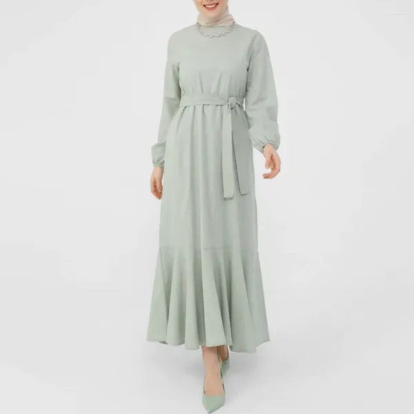 Ethnische Kleidung feste Fischschwanzkleider Abayas für Frauen rundes Kragen bescheidene Vollhülle Frau Langrobe Kleider Gürtel Elegantes Afrika Maxi