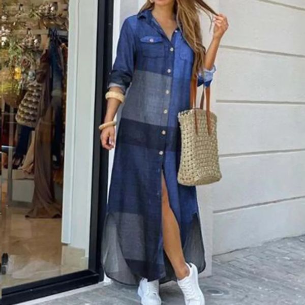 Kadınlar uzun kollu gömlek elbise bahar sonbahar gündelik boho baskılı elbiseler moda vestido tek göğüslü düğme partisi kadın maxi 240415