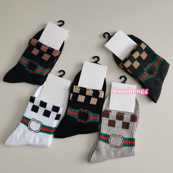 5 pares/designer meias de comprimento médio preto meias respiráveis cinza letra logotipo de chessboard meias de malha de malha de algodão meias masculinas meias esportivas de basquete