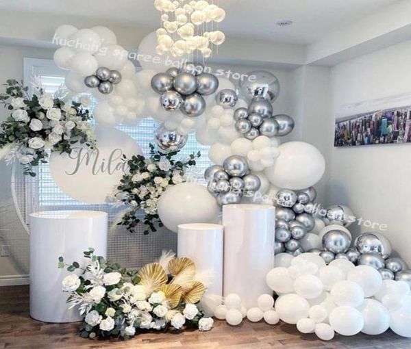 Украшение вечеринки 125шт Свадебные шарики Гирленда Комплект Silver White Chrome Globos 4D Ball Baby Shower Foine Wall Supplies 92143236796728