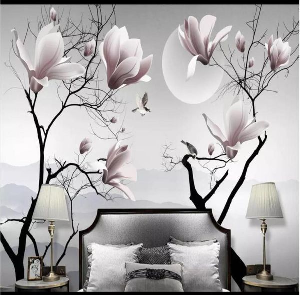 Papel de parede Whole3D PO Murais de parede 3D personalizados papel de parede novo chinês Magnolia Flor Bird Wall Pintura decorativa Pintura de parede F9795212