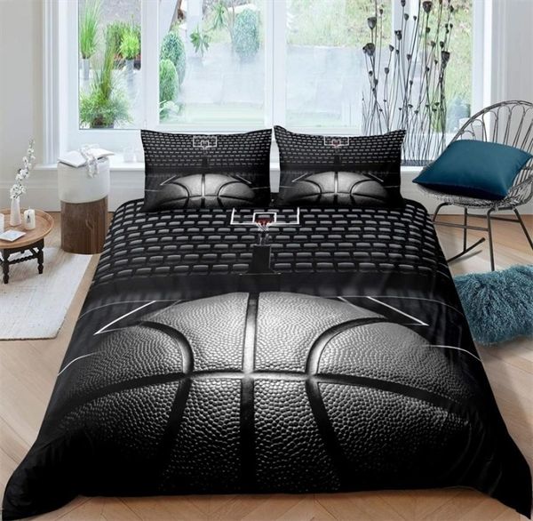 Bettwäsche -Sets Basketball Duvet Cover Set Black 3D Ball Sports Theme Bettzeug Set Microfaser Basketball Court Wettbewerbsspiele King 3797781