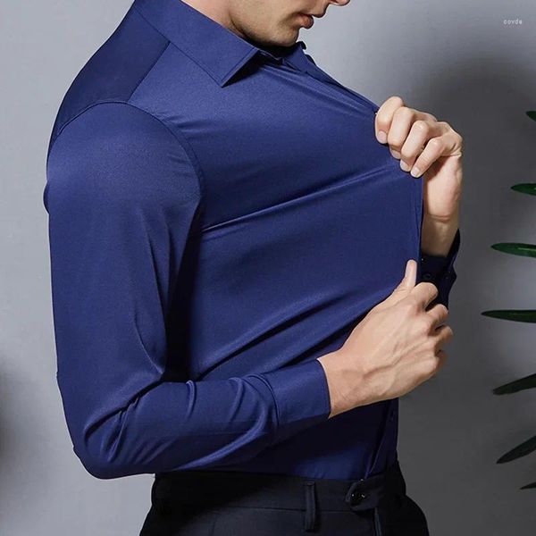 Camisas casuais masculinas Camisa de vestido de cor sólida elástica roupas não-ferro-ferro anti-rugas de fibra de bambu elegante de mangas há muito tempo para homens