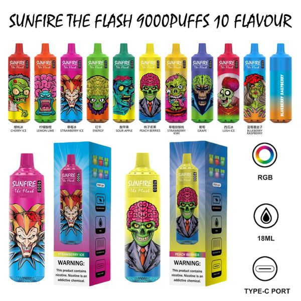 Original Sunfire Tornado 9000 Puffs E Zigarette Einweg Vape 600mAh wiederaufladbare Batterie 18 ml Vorgefüllte Karren Puff 9000 15000 Puffs Big Puff Vape 0% 2% 5% 5% Mesh Coil