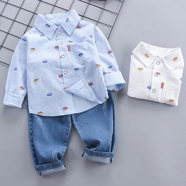 Conjuntos de roupas Baby Girls Conjunto 2024 Spring Autumn Full Print Cartoon Car Camisa de manga comprida Jeans 2pcs Para 1-5 anos