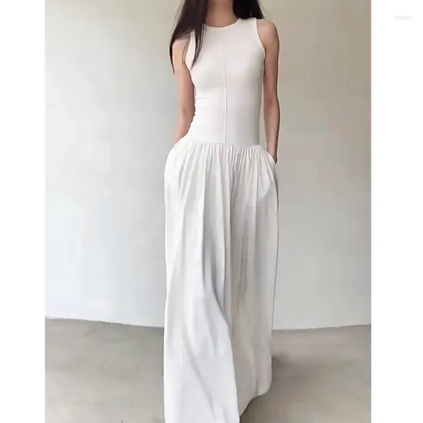 Sıradan Elbiseler Yaz Siyah Beyaz Tankları Kadınlar İçin MAXI 2024 Vintage Mizaç Kolsuz Cep Çöp Femme Vest Vestido