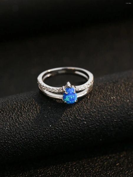 Anelli di cluster alla moda Pure 925 Silver Simple Droplet Blue Opal Ring con due strati Design per il serrato bisogno di stile alla moda delle donne