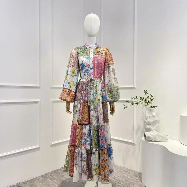 Lässige Kleider 2024 Top -Qualität reines Baumwoll -Multi -Blumen -Druckmandarinkragen hohe Taille Midi Frauen
