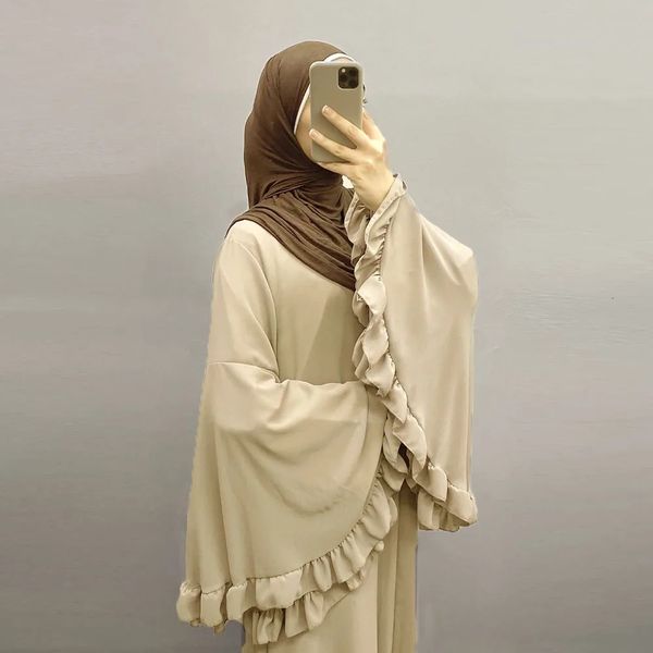 Dubai Flowy Abaya Big Ruffle Sleeve Islamische Kleidung Muslimische Frauen ZIP Maxi Kleid Flare Manschette bescheiden glänzender Samt Satin -Stoff 240423