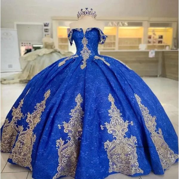 Royal Blue Princess Quinceanera Abites Gold Lace Applique Off the Spalla Charro Vestido de 15 Anos 2024 Sweet 16 abiti da ballo 0431