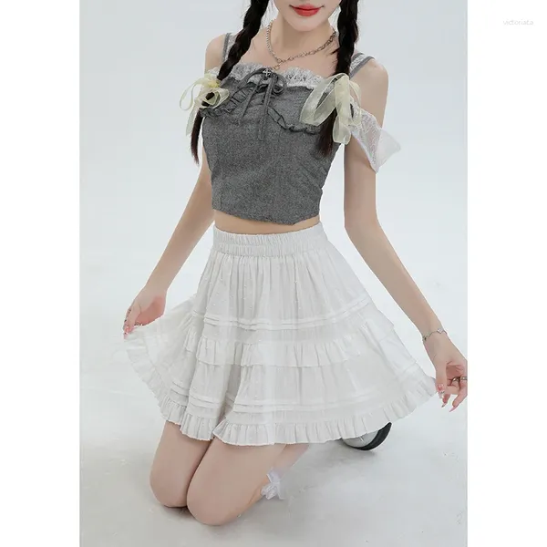Saias Menina picante Bolo dobrado Salia feminina curta 2024 Verão Fluffy Children's White Korean Fashion Clothing Woman