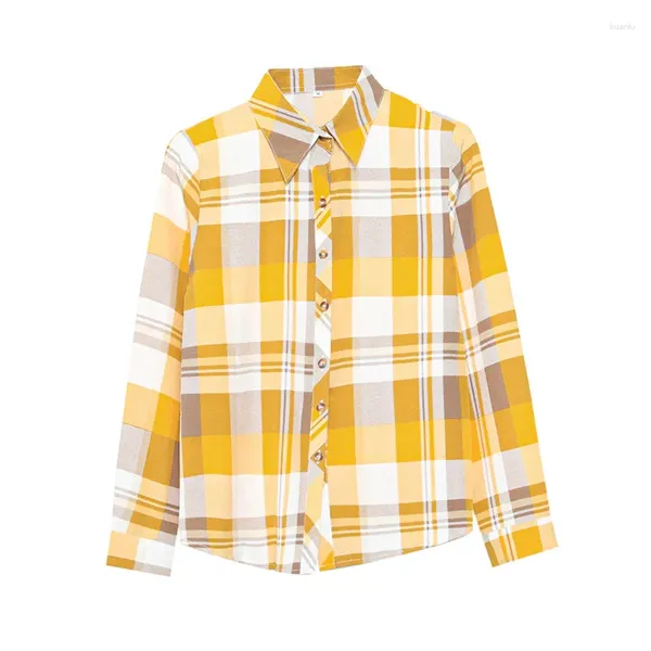 Blusas femininas deslocam camisa xadrez de poliéster Spring outono de manga comprida moda de moda de peito simples blusa de colarinho vir