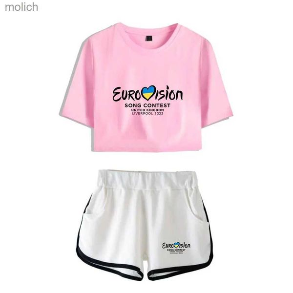 Frauen T-Shirt 2023 Europäischer Songwettbewerb 2023 Kurzarm Set European TV 2023 Navy Blue T-Shirt Set Girls Shorts Two-Tiefe Set SWX