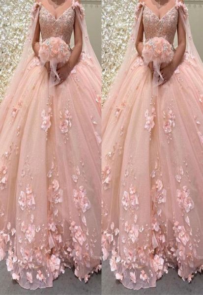 2022 ROMANTE PINK 3D FLORIL FLORAL Vestido de baile Quinceanera Prom Vestres com CAPE CAFT CAFTAN SEXY CRISTAL LACE LONG SWEET 5354134