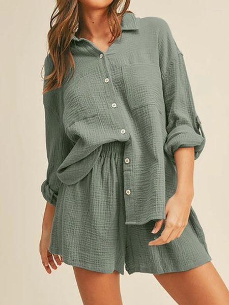 Женская одежда для сна Linad Loose Pajama для женщин 2 куски зеленые женские хлопковые костюмы с длинным рукавом с шортами весенняя повседневная одежда