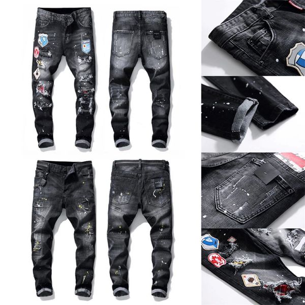 21SS SAT SAT MEN TASARIMCI Kot pantolon Sıkıntılı Yırtık İnce Fit Motosiklet Biker Denim Erkekler Moda Mans Siyah Pantolon 196r