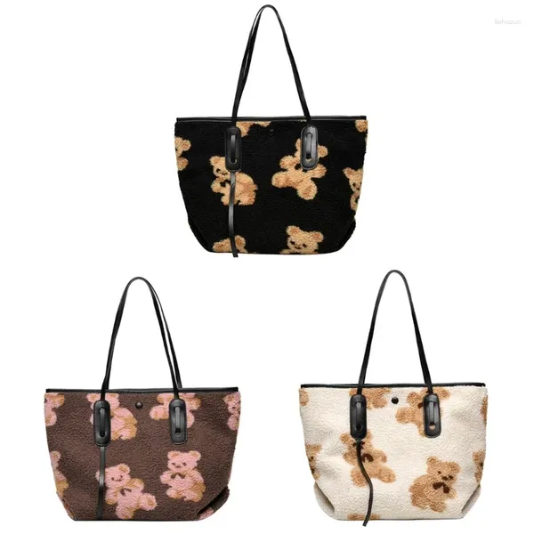 Bag Women Lamb Plush Tote Phine Cartoon Bear Stampato Spalla Stampa Autunno inverno Portable Portable Shopping Borse per lo shopping di grande capacità