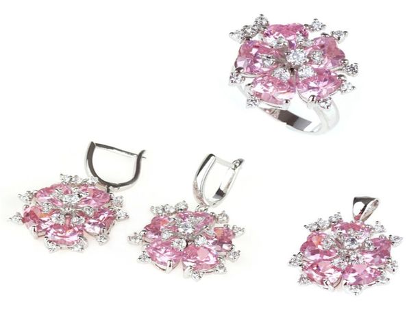 Shunxunze Sevimli Patlama Modelleri Düğün Takı Setleri Ringearringpendent Kadınlar İçin Pembe Kübik Zirkonya Rhodium Kaplama R510SET S2981944