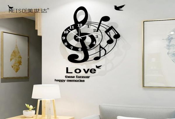 Notas musicais Art Creative Large Wall Clock Design Moderno Design 3D Relógios acrílicos assistir sala de estar decoração de casa 2103107661591
