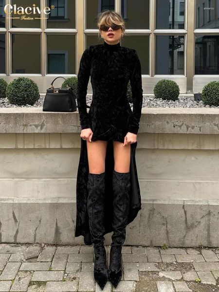 Sıradan Elbiseler Clacive Bodycon Siyah Velvet Kadın Elbise Moda İnce Stand Yakası Uzun Kol Ayak Bileği Uzunluğu Şık Kadın