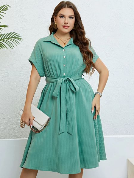 Plus Size Women Clothing Fashion Summer Hemd Kleid Arbeit Party Midi Sundress Femme Revers Hals kurzärmel Casual Lose 240422