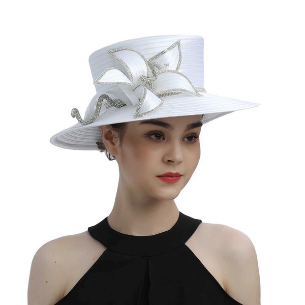 Breite Krempelnhüte Eimerhüte Perfekt am beliebtesten Satin -Stoffkirchenhut Deluxe Einzigartige Fotografie Hochzeit Hut Fancy Formal Blume Fascinator Top Hut weiblich Y240426