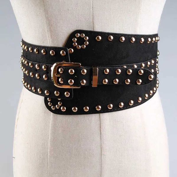 Cintos femininos 2023 Punk Europeu e American Style Wide Bandand Fashionable Retro rebites Elastic Corset Belt