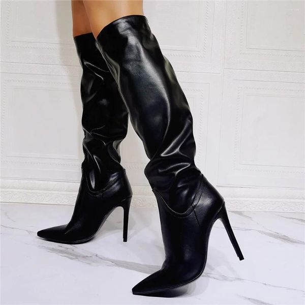 Stiefel große Qualität prägnant solide schwarze Mode -Winterschuhe Booty Street Party Pointy Toe High Heel Slip auf Größe 47