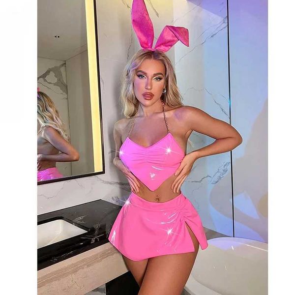 Set Latex Lingerie Neon Pink Womens 3-eafe Rabbit PVC Set Nightclub Кожаная одежда милая девушка Q240429