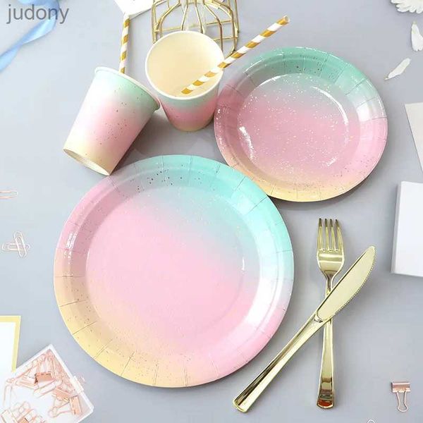 Tabelle in plastica usa e getta di cartone usa e getta Rainbow Rainbow Fai da te Decorazione per feste di compleanno vassoio circolare Tabletop Decoration Forniture WX