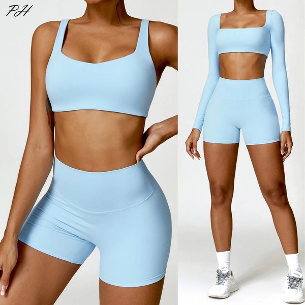 Yoga Set Women Gym Gym de manga longa 2pcs Nudez de tração esportiva Roupas de treino Athletic Wear shorts Fitness Stut Crop Top Sports Sports 240425