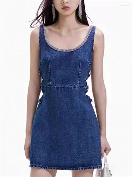 Lässige Kleider Strasssteine u Hals Frauen ärmellose Denim Kleiderseite Taille Bow Hollow Out Damen Mode Slim Short Robe