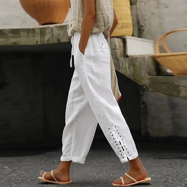 Повседневные мешковатые брюки для ног белая свободная шнурки высокая талия уличная одежда хлопковые льняные женские брюки 240428