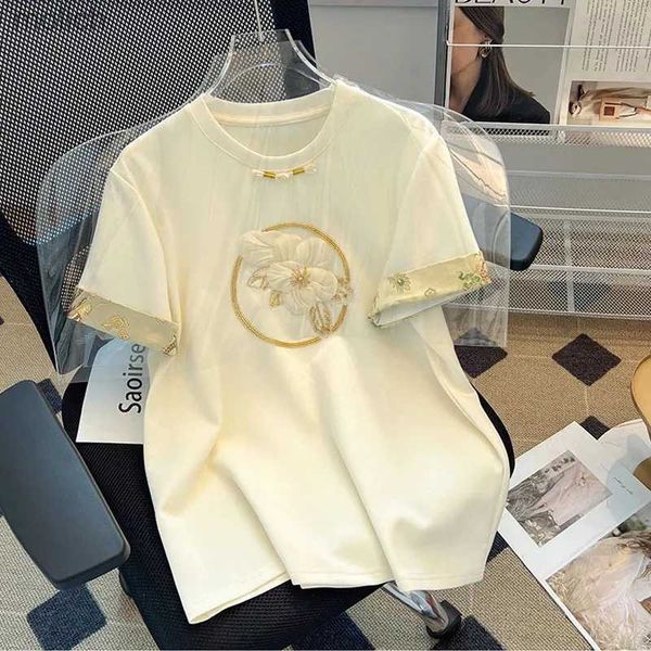 Frauen T-Shirt Sommer kurzärmelig Stereo Blume T-Shirt Damen Kleidung Ropa de Mujer 2024 Neues O-Neck Y2K Mode oben auf der Linie Damen weiß T-Shirtwx