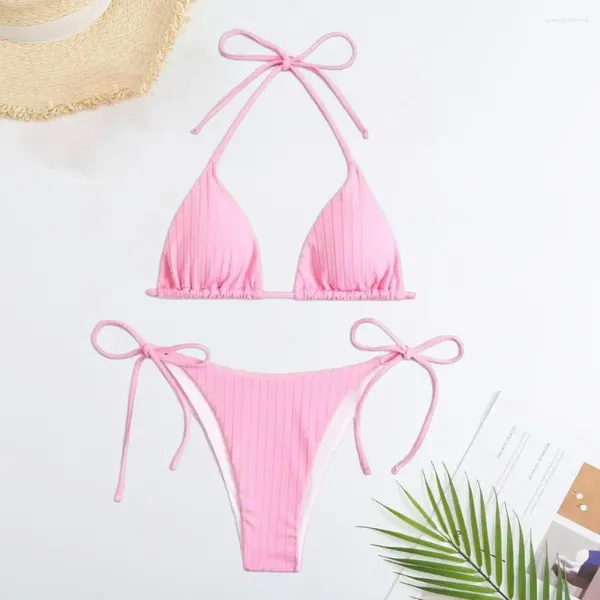 Moda de banho feminina 2pcs de verão biquíni define halter triângulo xícara de sutiã resfriamento de renda ssexy cor sólida coloração de duas peças de peixe rápido secar roupas de praia