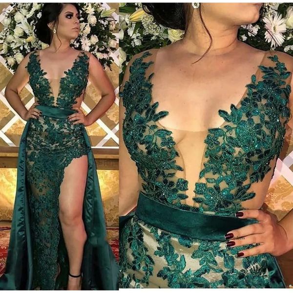 Hunter Green Split Mutter der Brautkleider Abendkleider mit abnehmbarem Rock Sheer Illusion Mieder applizierte lange arabische Partykleider Abschlussball 0431