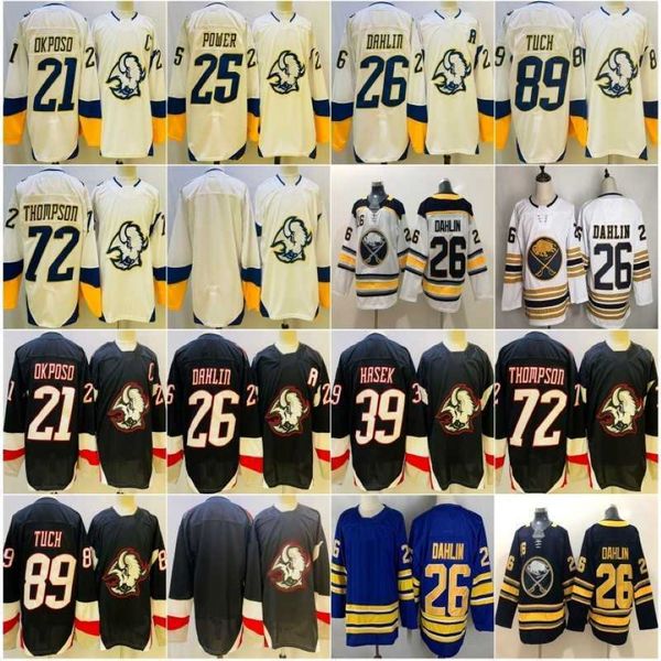 Retrò inverso 2 0 maglie di hockey 26 Rasmus Dahlin 21 Kyle Okposo 72 Tage Thompson 89 Alex Tuch 25 Owen Power 39 Dominik Hasek Black Stirts Shirts 50th Gold Mens 327c