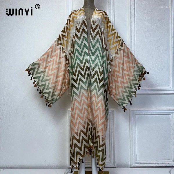 Summer Kimono Beach Wear Women 2024 Africa Dress Bikini Cover Up Cardigan Boho Print Coat ABAYAS DUBAI TAXEL