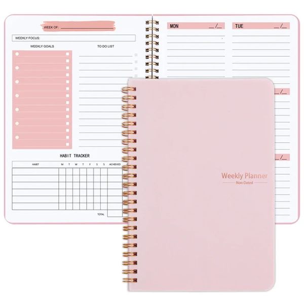 Planejador Semanal Agenda Espiral Agenda A5 Planejador de notebook Pouch 52 Weeks Planner Schedes Stationery Office Supplies 240415