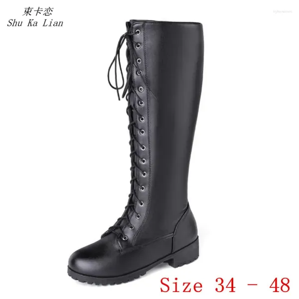 Botas Autumn Women Women Low Med Heels Knee High Motorcycle Shoes Woman LeAxue Long Plus Tamanho 34 - 40 41 42 43 45 46 47 48