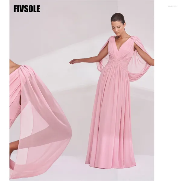 Vestidos de festa Fivsole A-line Pink Chiffon baile com vestidos de noite curto, decote em v preenchas em V vestidos formais de Fiesta