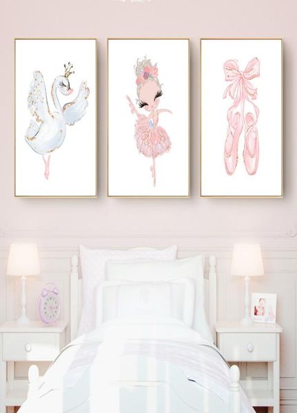 Pink Swan Princess Nursery Wall Art Tela Painting Ballerina Poster e stampe Nordic Kid Girl Girl Room Decor Picture9055839