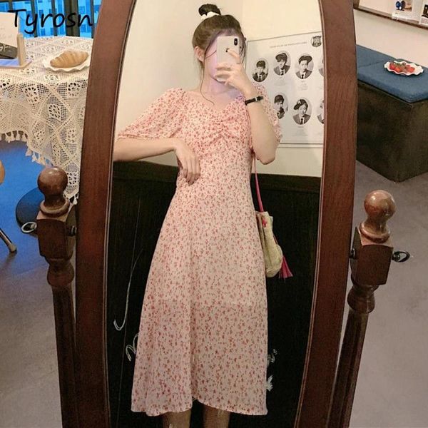 Vestidos de festa feminino manga floral de manga de sopa de tenro elegante estilo coreano Ladies Temperamento Simples Casual Férias elegante verão