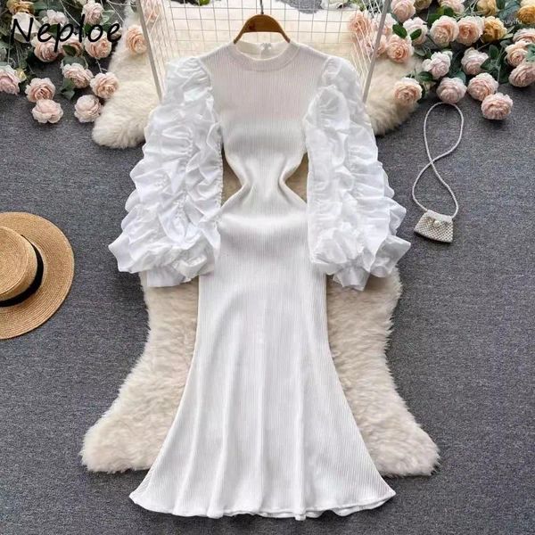 Lässige Kleider Neploe Elegant süßes O-Neck weißes Kleid für Frauen Herbst Schlanke Taille Y2K Puff Ärmel gestrickt Vestidos Mujer