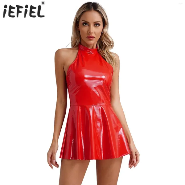 Lässige Kleider Damen glänzendes Lackleder-Latexkleid Clubwear Neckholder ärmelloser Skater-Mini-Swingrock Rave-Party-Pole-Dance-Kostüm