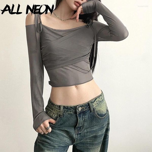 Damen T-Shirts ALLNeon Fairy Core Solid Slash Neck Crop Tops Sexy Off Shoulder Straps Langarm T-Shirts Slim Mesh Tees Y2K Streetwear